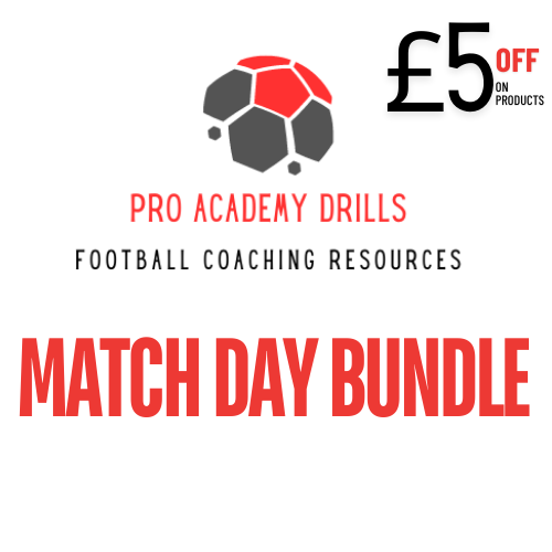 Pro Academy Drills Match Day Bundle featuring detailed coaching plans for 7v7, 9v9, and 11v11 formats, including formations, tactics, and player roles for grassroots and academy football coaches.