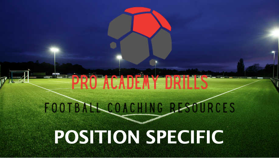 Pro Academy Drills logo displayed on a professional football field at night under floodlights, highlighting ‘Position Specific’ football coaching resources. Designed to support coaches in developing tailored training sessions for different positions on the pitch.