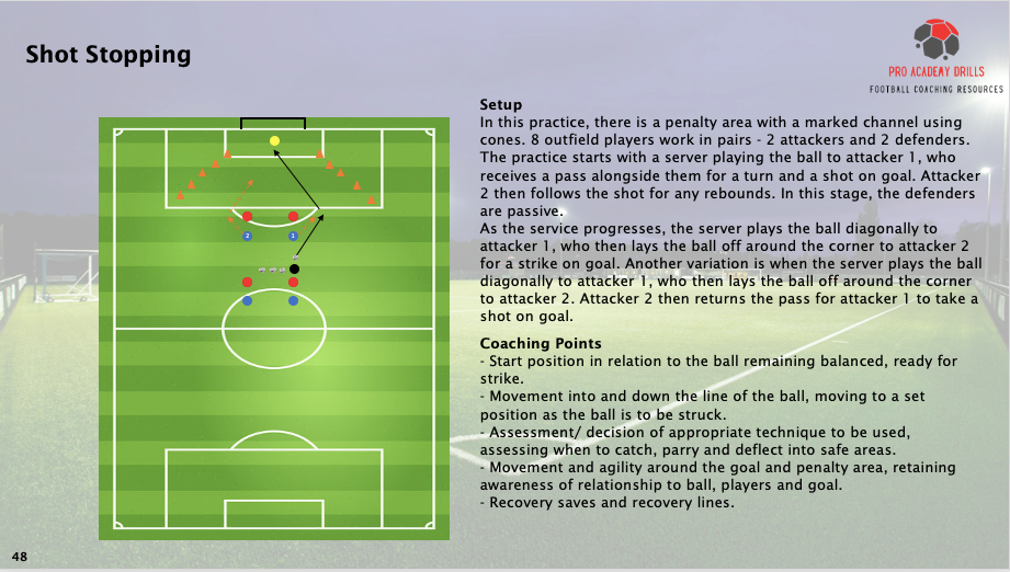 Shot Stopping drill from Pro Academy Drills eBook, featuring a penalty area setup with attackers, defenders, and a server. Focused on goalkeeper positioning, movement along the ball line, decision-making for saves, and recovery techniques. Includes key coaching points for improving shot-stopping skills, reaction time, and awareness in football training sessions.