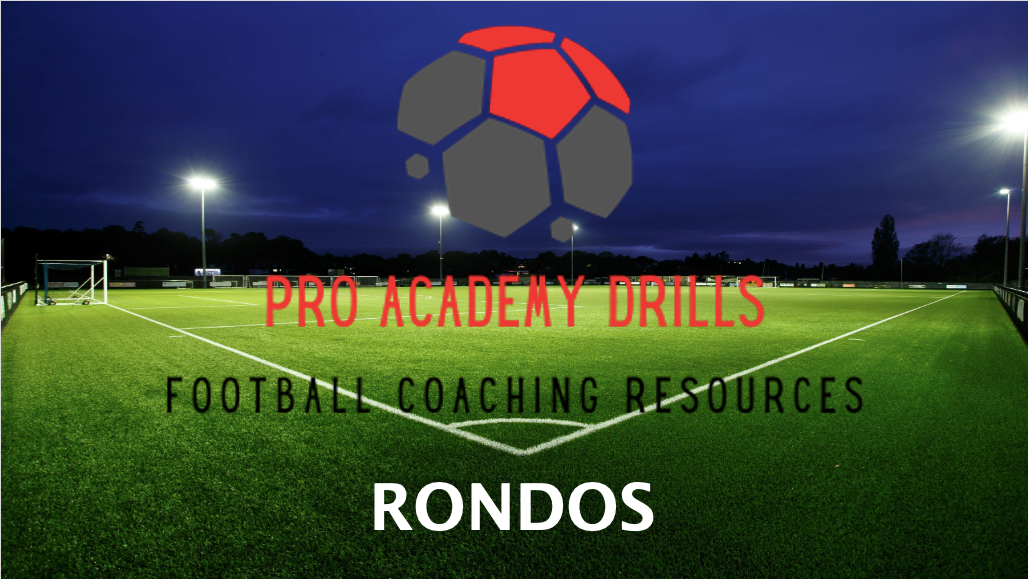 Pro Academy Drills logo on a floodlit football pitch with the text ‘Football Coaching Resources - Rondos.’ Perfect for rondo drills, technical training, and coaching resources.