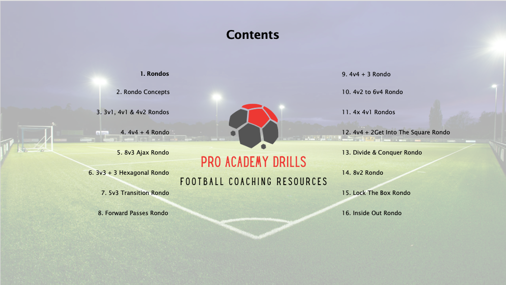 Contents page of the Pro Academy Drills Small Rondos eBook featuring a list of 16 rondo variations, including 3v1, 4v1, 4v4, 8v3 Ajax, 5v3 Transition, Divide & Conquer, and Inside Out Rondos. Designed to improve technical skills, passing, and decision-making in football coaching.