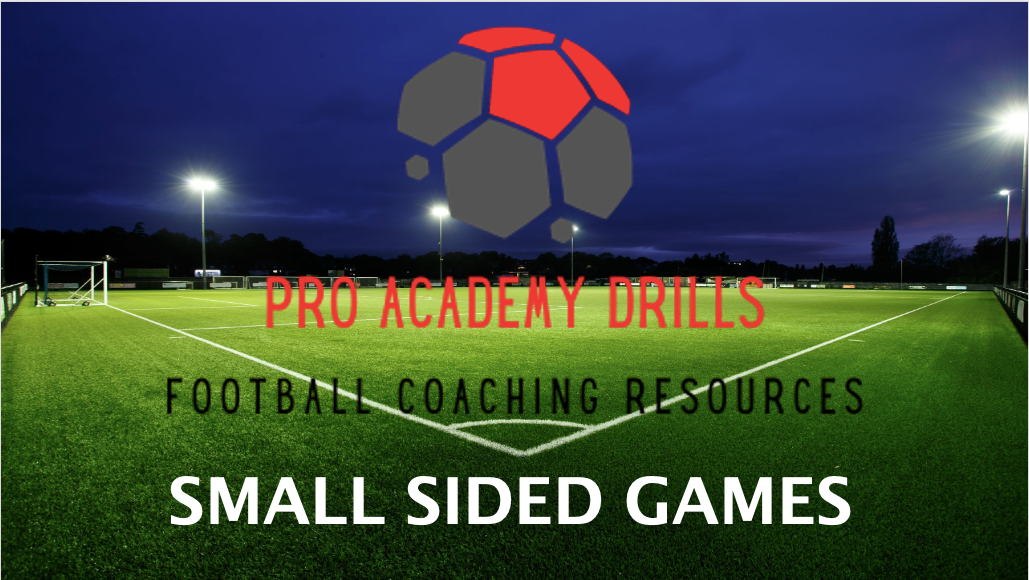 Pro Academy Drills - Small Sided Games Football Coaching Resources. High-quality image of a floodlit football pitch promoting small-sided games for improving decision-making, teamwork, and technical skills in football coaching sessions.