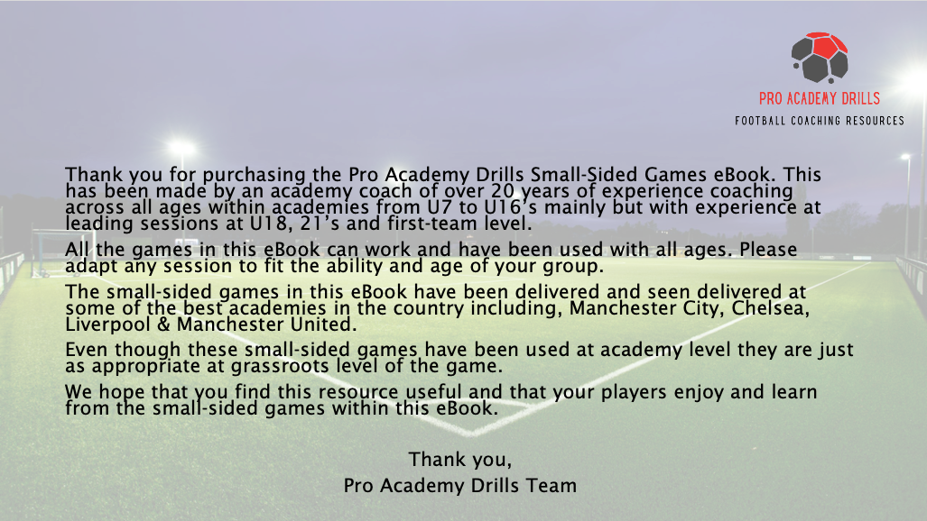 Pro Academy Drills Small-Sided Games eBook Introduction - Football Coaching Resource. Message highlighting the experience behind the eBook, its use in top academies like Manchester City and Liverpool, and its adaptability for all ages and levels, from grassroots to professional.