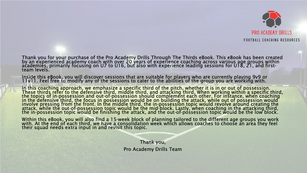 Thank-you page for the Pro Academy Drills ‘Through The Thirds’ eBook, featuring a 15-week plan on defensive, middle, and attacking thirds for U7 to U16. Includes 9v9 and 11v11 sessions by a coach with 20+ years of experience. Pro Academy Drills logo appears over a floodlit football pitch background.