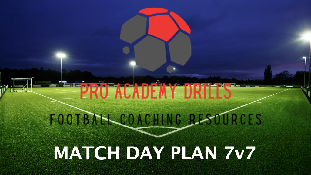 Match Day Plan 7v7 by Pro Academy Drills. Professional football coaching resource highlighting strategies and setups for 7-a-side matches. Features a football pitch under floodlights with Pro Academy Drills branding.