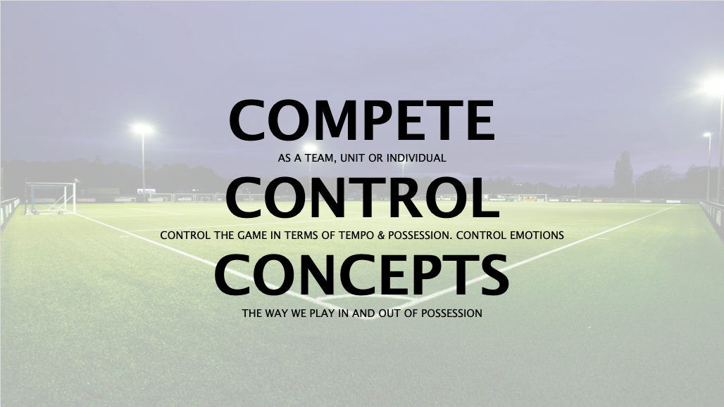 Football coaching principles by Pro Academy Drills: Compete, Control, Concepts. Focuses on competing as a team, controlling tempo and possession, and understanding tactical concepts in and out of possession. Features a professional football pitch background under floodlights.