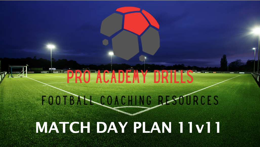 Match Day Plan 11v11 by Pro Academy Drills. Features a professional football pitch under floodlights with the Pro Academy Drills logo and branding. Ideal for football coaching resources focused on match preparation and strategy.