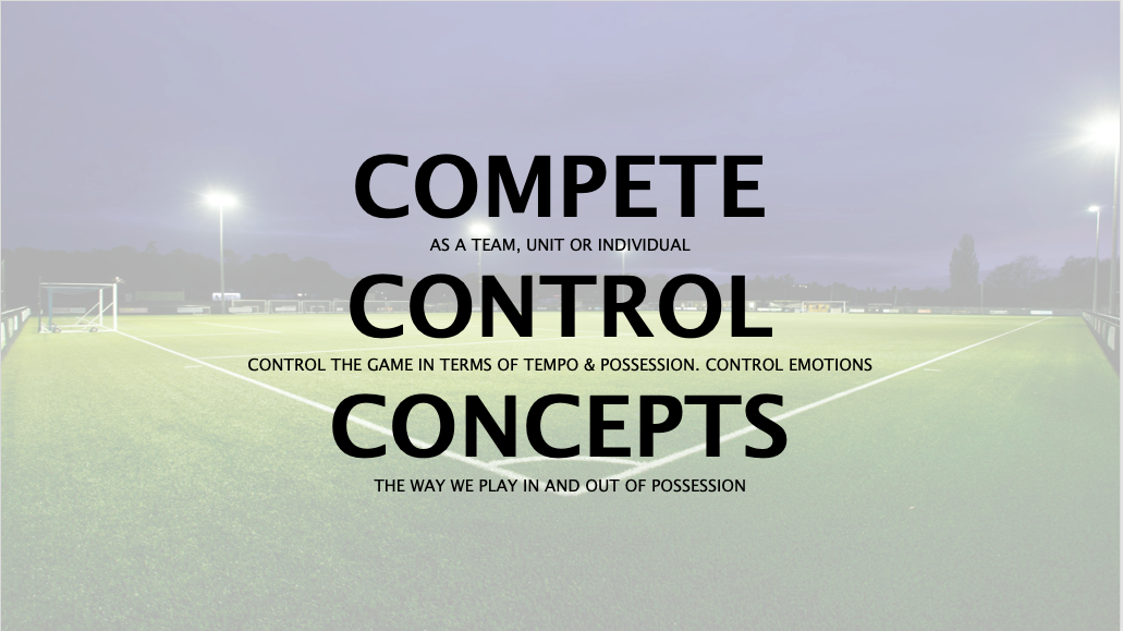 Football coaching principles: Compete, Control, Concepts by Pro Academy Drills. Highlights key aspects of competing as a team, controlling tempo and possession, managing emotions, and understanding in-possession and out-of-possession concepts. Features a professional football pitch background under floodlights.