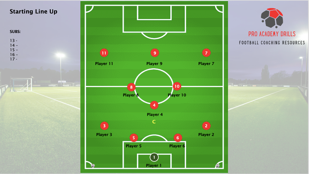 Starting lineup diagram by Pro Academy Drills. Displays player positions and substitutes for a football match, with roles clearly labeled on a tactical pitch. Designed to assist coaches in organizing team setups and substitutions. Features a professional football field background.